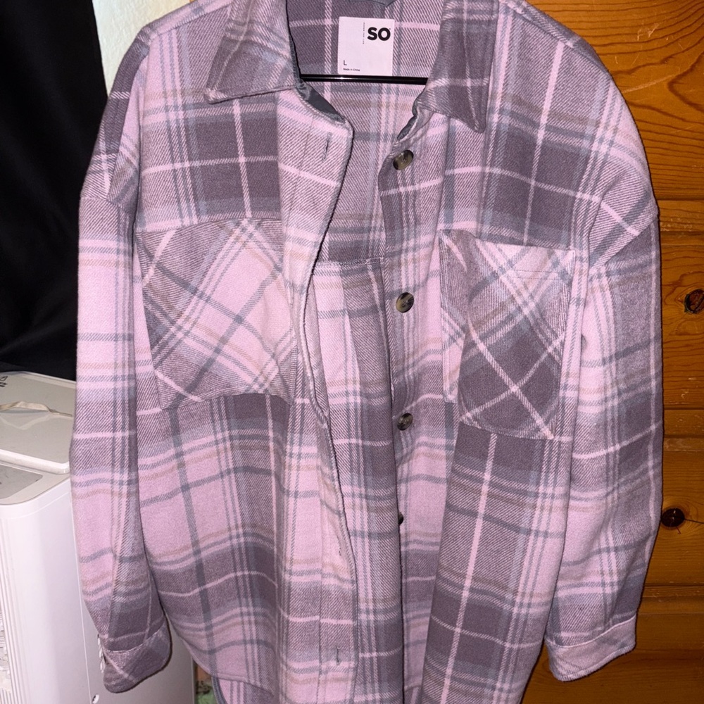 SO Pink and Gray Plaid Pea Coat